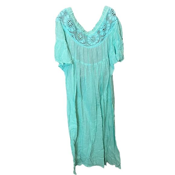 Aqua Boho Crochet Maxi Dress Flowy Crinkle Gauze Peasant Beach Caftan - Picture 3 of 8
